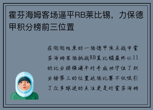 霍芬海姆客场逼平RB莱比锡，力保德甲积分榜前三位置