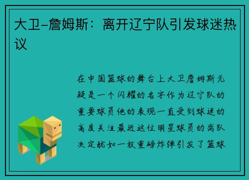 大卫-詹姆斯：离开辽宁队引发球迷热议